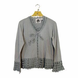 Storybook Knits Twin Set Tank Top Cardigan Dusty Blue Crochet Beading Sz S Ramie